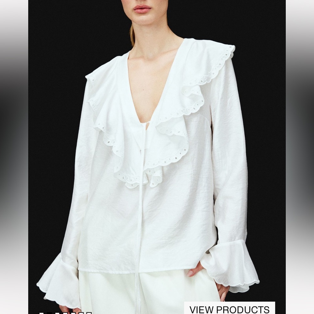 H&M White Ruffle V-Neck Blouse